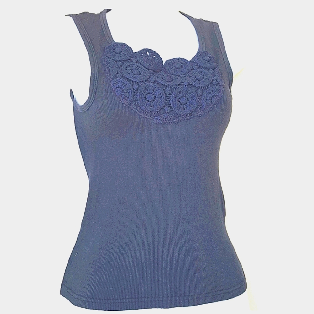 Ribbed Navy Cotton Tank Top Medium Upcycled Crochet Circle Details